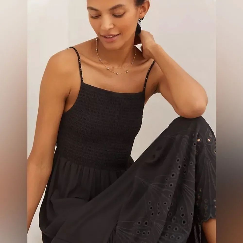 Anthropologie Maaji Isadora Smocked Eyelet Dress Black Size Small